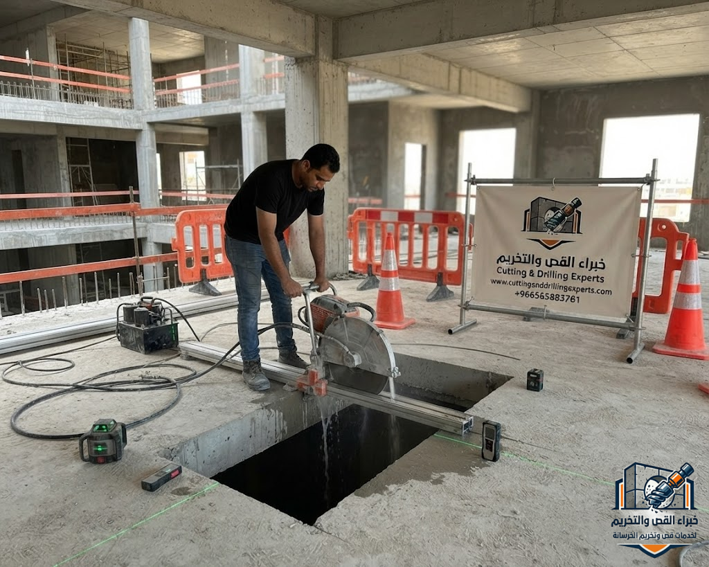 قص وتخريم فتحات المصاعد الخرسانية بدقة مع الحفاظ على سلامة الهيكل الخرساني وتقليل الاهتزاز والتكسير